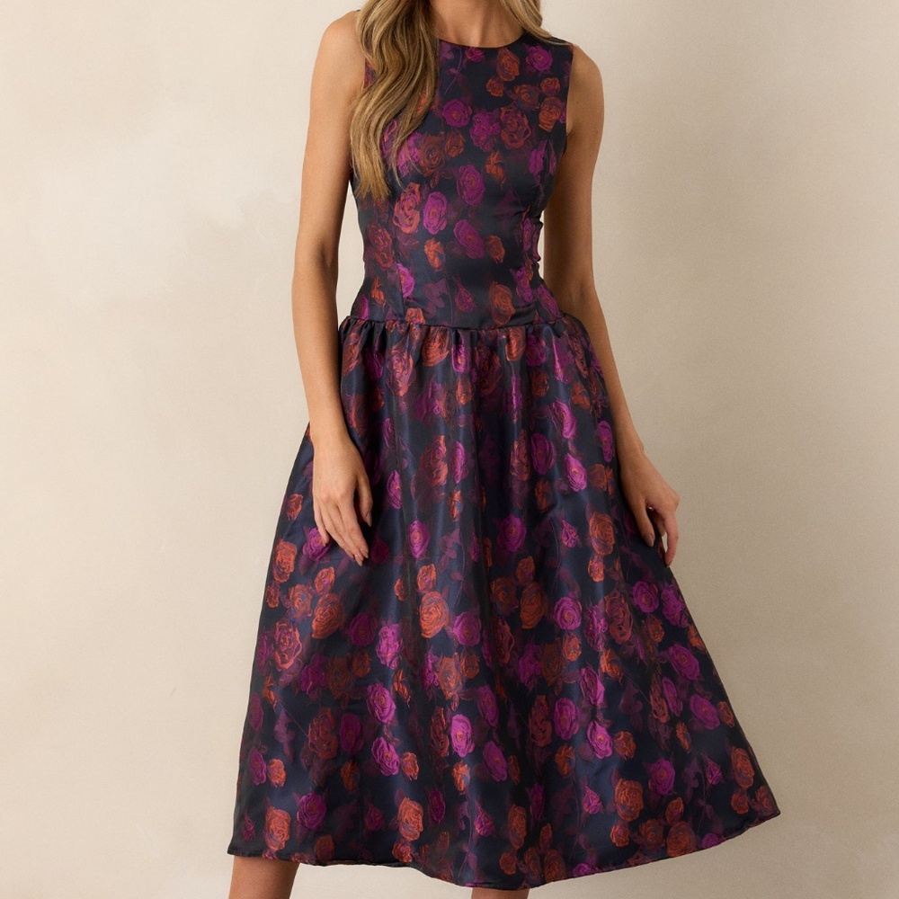 Red Dress Windswept Garden Purple Floral Drop Waist Midi Dress Size SS / Multi - Picture 3 of 3